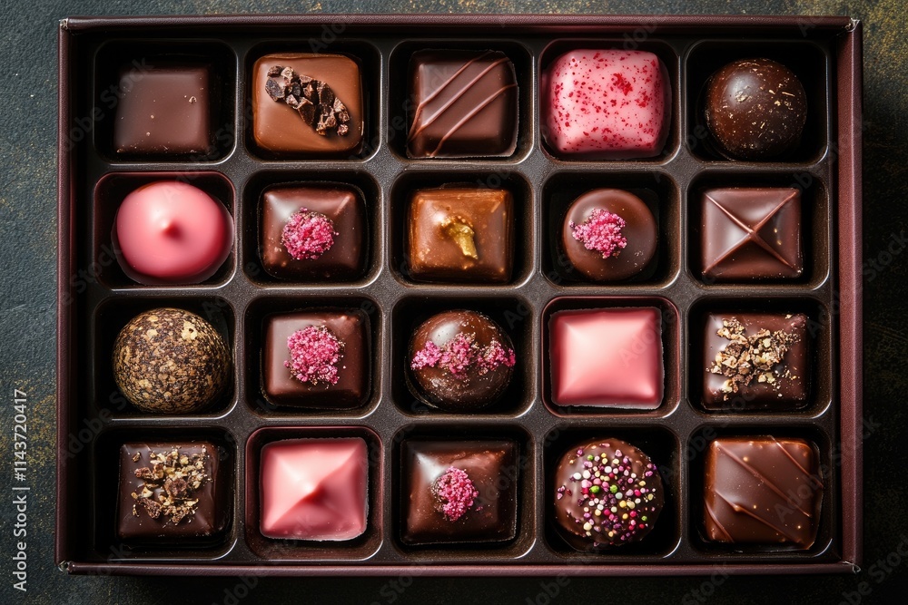 Box of assorted gourmet chocolates displaying variety of flavors Box of assorted gourmet chocolates displaying variety of flavors
