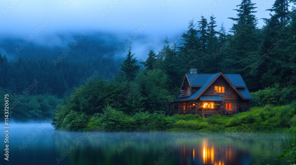 Fototapeta premium Misty Lakeside Cabin Retreat Tranquil Evening Escape in the Woods