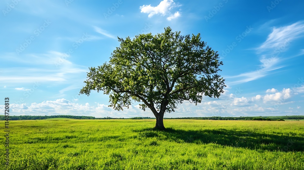 Solitary tree in a vast green field under a vibrant blue sky. Concept of nature, tranquility, and peace. Solitary tree in a vast green field under a vibrant blue sky. Concept of nature, tranquility, and peace.