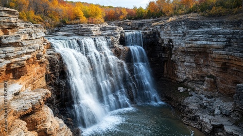 Waterfall cascading down rocky cliffs in autumn forest