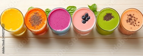 Vegan smoothies in pastel color, Vibrant Pastel Smoothies in Glasses on Wooden Surface