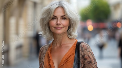 Stylish senior woman smiling in urban environment