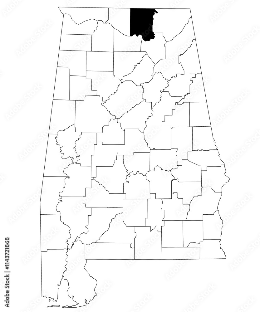 Fototapeta Map of Madison County in Alabama state on white backround. single County map highlighted by black color on Alabama map. UNITED STATES, US