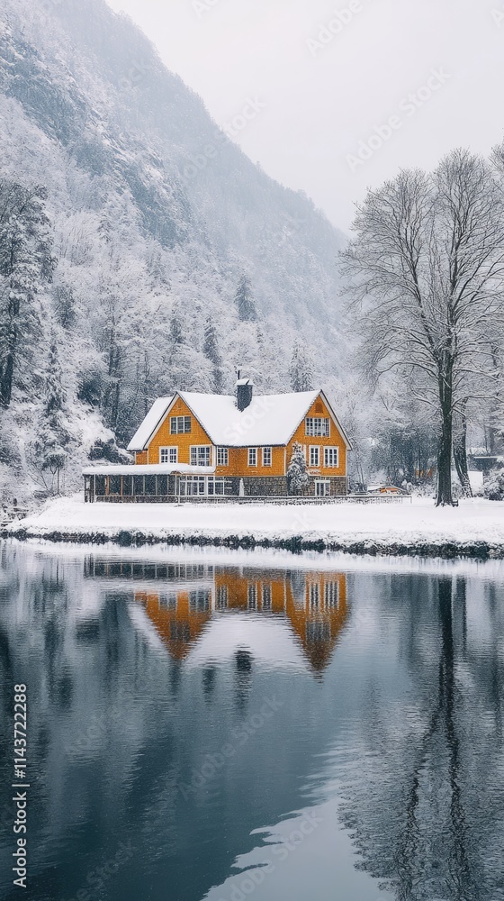 Obraz premium Wooden house reflecting on calm lake in snowy winter landscape