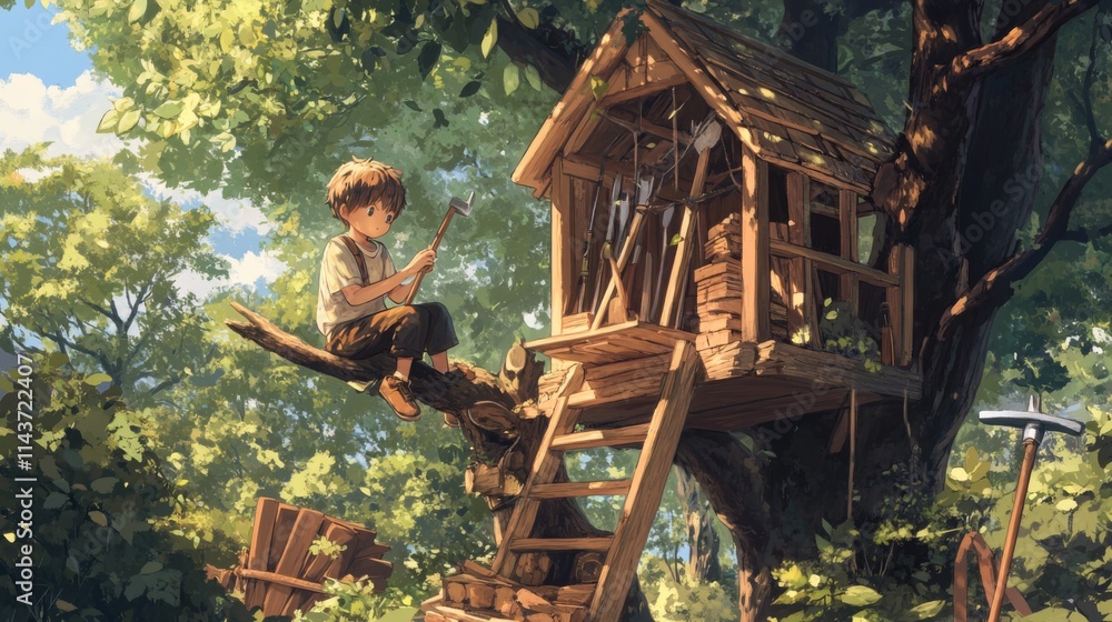 Boy with tools in his treehouse. Boy with tools in his treehouse.