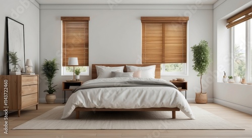 Modern minimalist bedroom with wooden bed and blinds