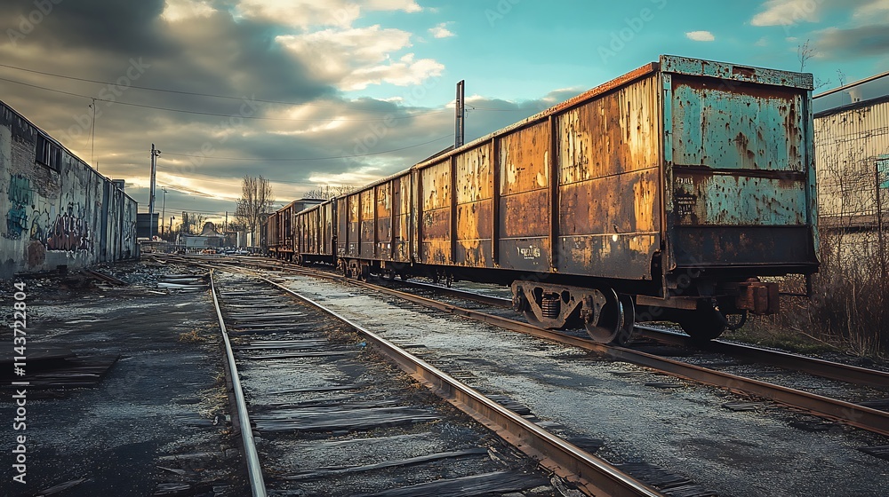 Fototapeta premium Rusty freight train on an abandoned railway. Concept of industrial decay and forgotten times.