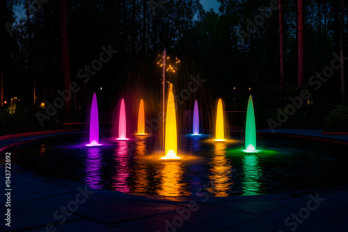 Nighttime Tranquility, Enchanting Fountains Illuminate the Park with Vibrant Colors. Immersive appeal