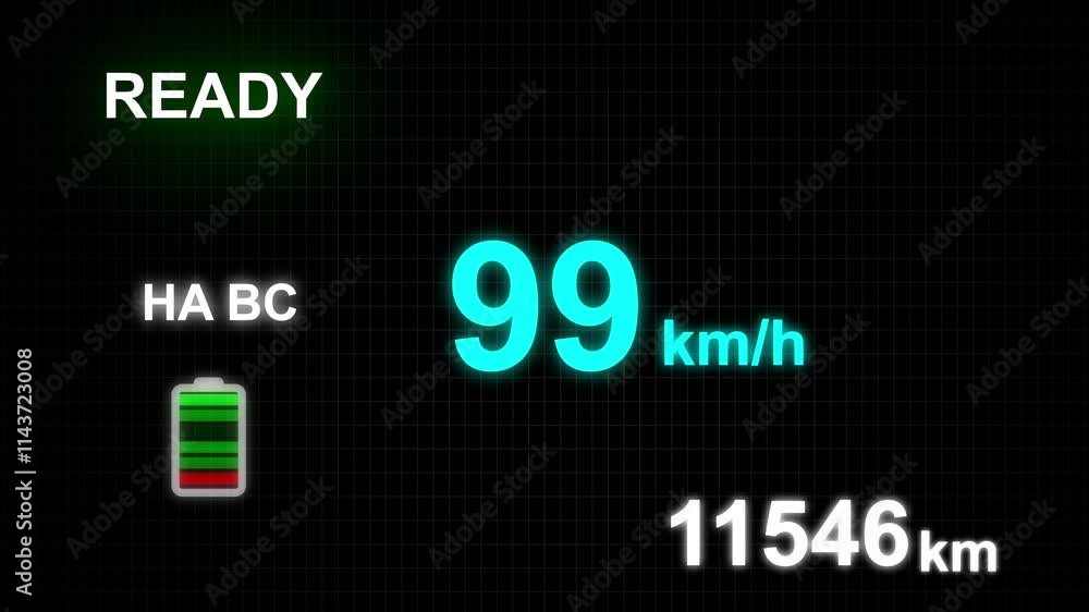 Car dashboard panel in electric vehicle. Modern digital screen with speedometer, battery range display and other info Light symbol that pops up on dashboard Car dashboard panel in electric vehicle. Modern digital screen with speedometer, battery range display and other info Light symbol that pops up on dashboard