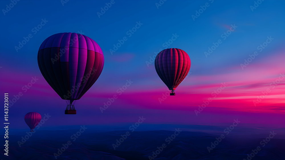 Fototapeta Hot air balloons soaring across a vibrant sunset sky, creating a breathtaking travel experience