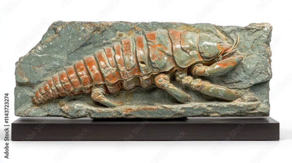 Ancient sea creature fossil embedded in grey stone, displayed on a black stand. Ancient sea creature fossil embedded in grey stone, displayed on a black stand.