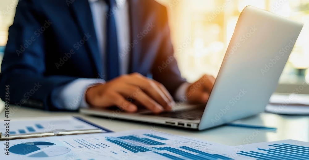 A businessman sitting at a desk in a contemporary office room, surrounded by financial reports and a laptop showing voluntary carbon credit investments, working on strategies for carbon-neutral corpor A businessman sitting at a desk in a contemporary office room, surrounded by financial reports and a laptop showing voluntary carbon credit investments, working on strategies for carbon-neutral corpor