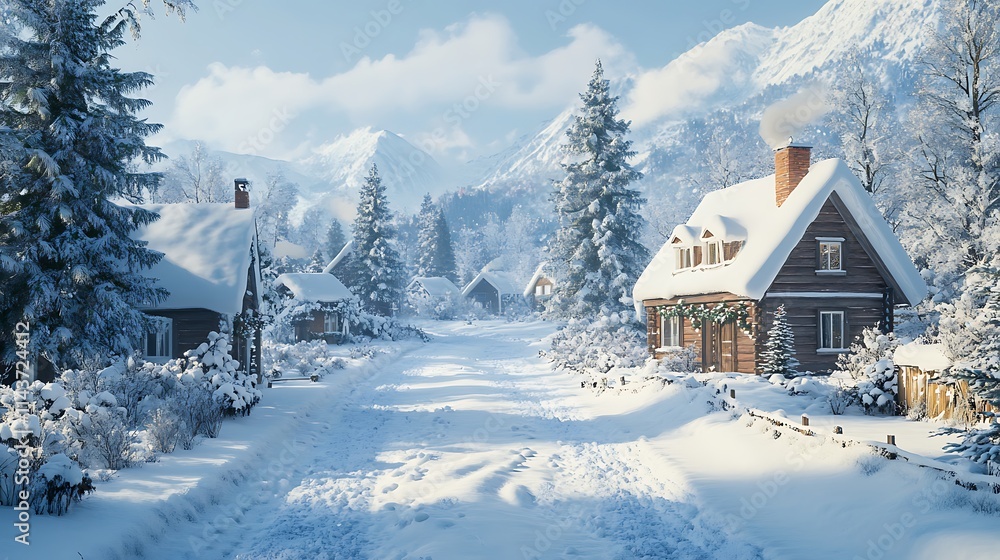 Winter wonderland scene snowy village digital art tranquil aerial view Winter wonderland scene snowy village digital art tranquil aerial view
