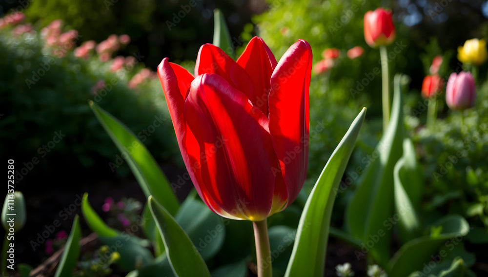 A Single Red Tulip Blooms in the Spring Sunlight A Single Red Tulip Blooms in the Spring Sunlight