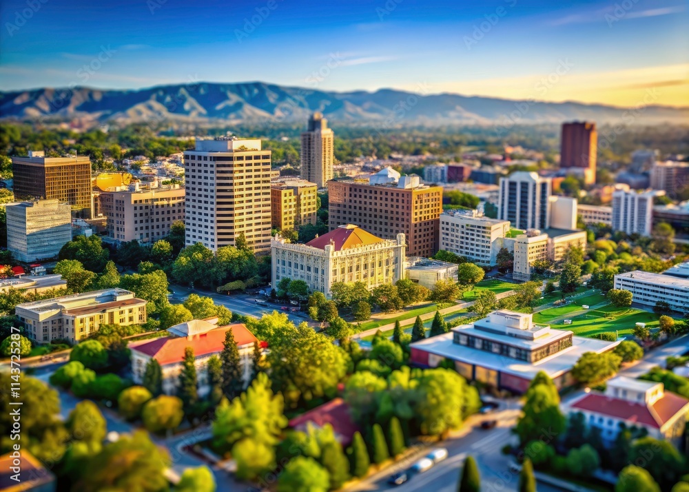 Obraz premium Aerial view of San Jose: City Hall, historic downtown, and softly-focused homes.