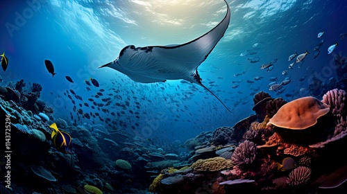 Diver observing reef manta ray Marine life underwater in blue ocean