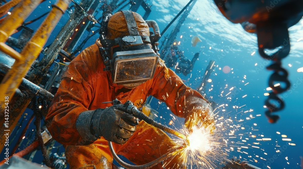 Dramatic underwater welding action by engineer deep sea industrial scene aquatic environment close-up view engineering innovation Dramatic underwater welding action by engineer deep sea industrial scene aquatic environment close-up view engineering innovation