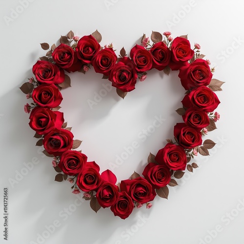 Heart-shaped rose wreath with red roses on white background.