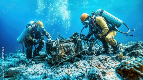 Wallpaper Mural Underwater engineers installing underwater dr standard ocean depths engineering project aquatic environment submerged perspective for enhanced seo impact Torontodigital.ca