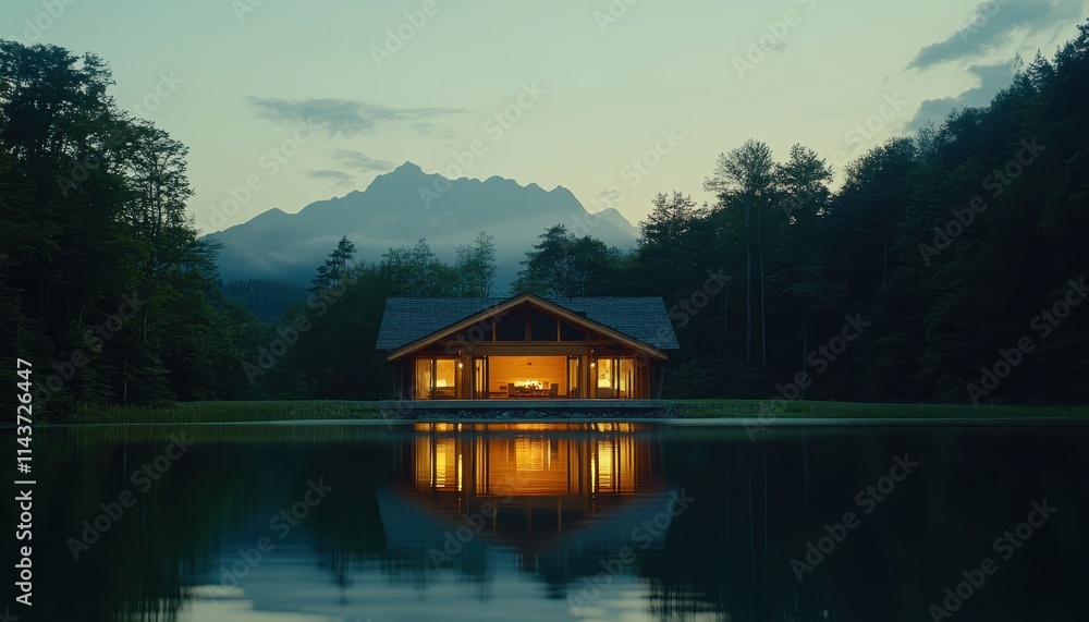 Fototapeta premium Tranquil Lakeside Cabin Retreat beneath Majestic Mountain Vista at Dusk