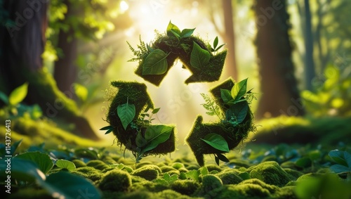 Eco themed recycling symbol made of greenery, surrounded by forest elements and sunlight. photo