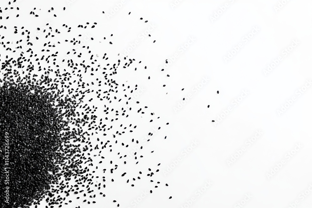 Black sesame seeds scattered pile white background minimalist composition Black sesame seeds scattered pile white background minimalist composition