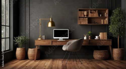Modern Home Office Workspace Design With Wooden Desk