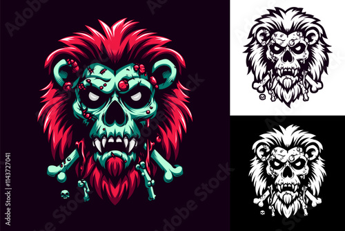 A Lion in zombie Illustration. High detail of lion head in horror style. Fit for poster, mascot, shirt design. Vector Eps 10.