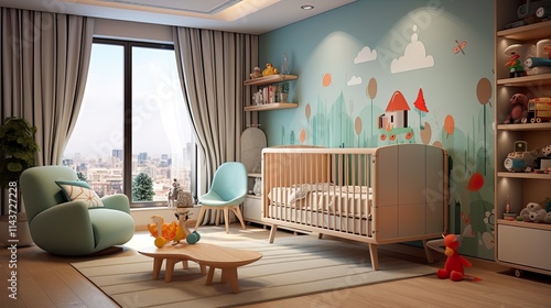 Kids room decorated with crib and rocking chair baby room interior decoration