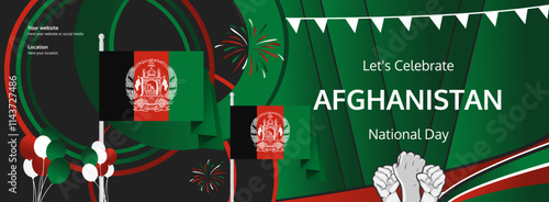 Afghanistan Independence Day greeting banner concept. August 19th is celebrated as Afghanistan National Day. Vibrant template with flag and raised fist, great for national holiday poster.