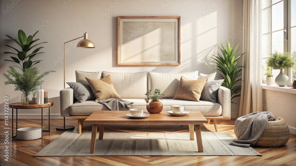 Sunlit minimalist living room: empty frame, light sofa, and simple wooden coffee table. Sunlit minimalist living room: empty frame, light sofa, and simple wooden coffee table.