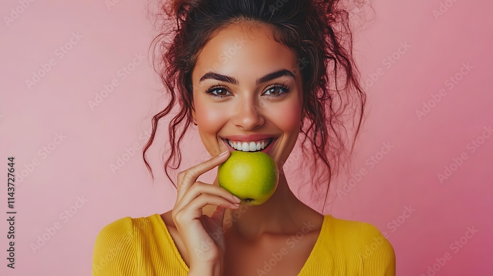 Smiling woman holding green apple studio portrait vibrant joy Smiling woman holding green apple studio portrait vibrant joy