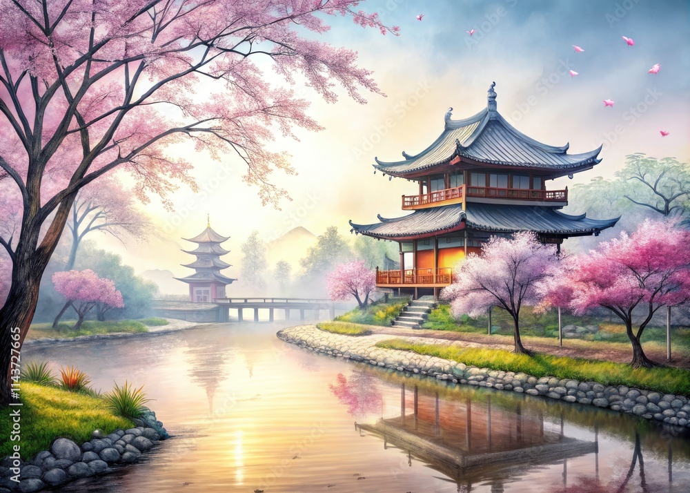 Cherry blossoms paint the misty morning; Japanese and Chinese temples reflect; a riverside sketch captures the scene. Cherry blossoms paint the misty morning; Japanese and Chinese temples reflect; a riverside sketch captures the scene.