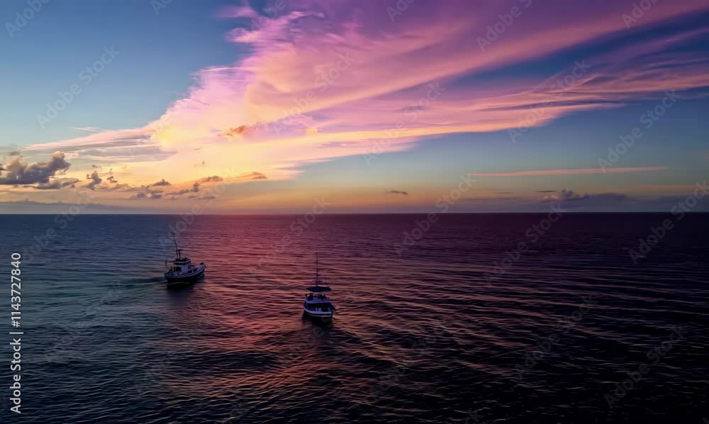 stunning aerial sunset over the sea with a distant boat stunning aerial sunset over the sea with a distant boat