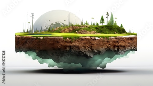 Earth land Soil layers 3D Illustration round soil ground cross section float landscape fantasy floating island