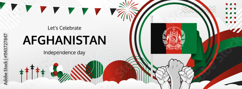 Afghanistan Independence Day greeting banner concept. August 19th is celebrated as Afghanistan National Day. Vibrant template with flag and raised fist, great for national holiday poster.