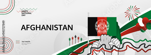 Afghanistan Independence Day greeting banner concept. August 19th is celebrated as Afghanistan National Day. Vibrant template with flag and raised fist, great for national holiday poster.