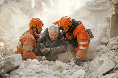 Workers assist elderly couple trapped under rubble after a devastating event. Generative AI photo