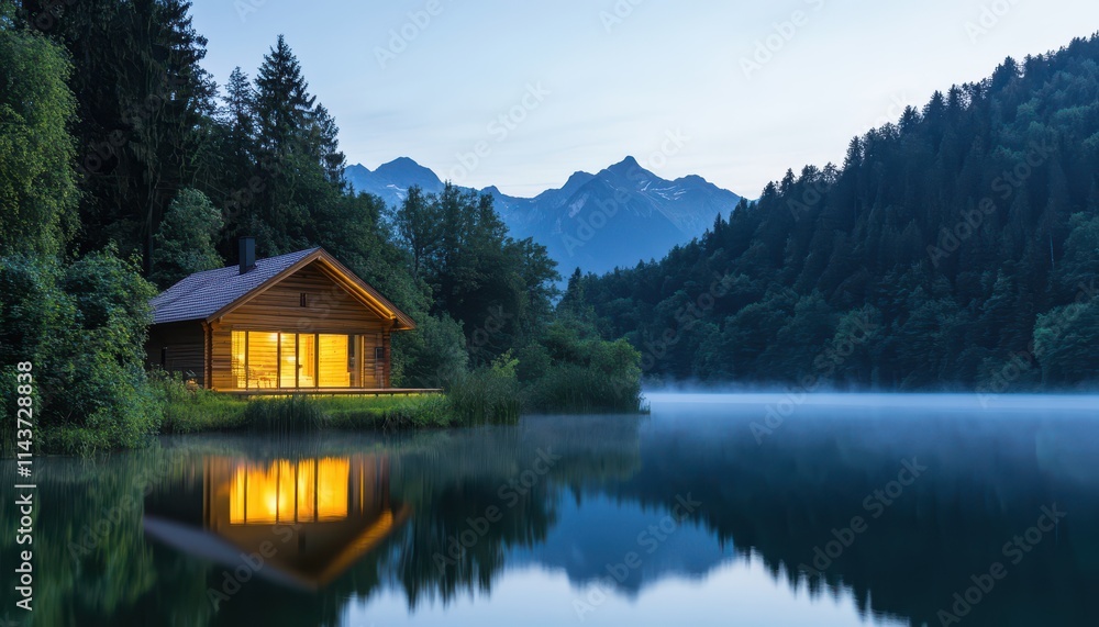 Serene Lakeside Cabin Retreat in the Misty Twilight Mountain Serene Lakeside Cabin Retreat in the Misty Twilight Mountain