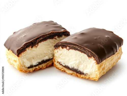 A cross-section of a chocolate-covered pastry with creamy filling.