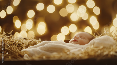 Nativity Scene: A peaceful newborn baby sleeps soundly in a manger, bathed in the soft glow of Christmas lights.  The image evokes a sense of tranquility and wonder. photo