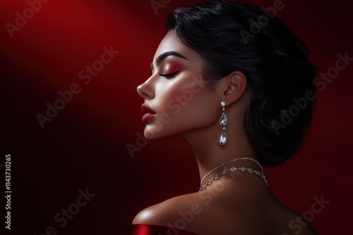 Elegant woman profile view dark hair flawless skin glamorous jewelry diamond necklace photo