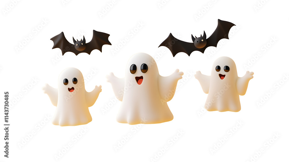 Obraz premium Cute ghosts with bat on yellow background, Happy Halloween day 3d illustration