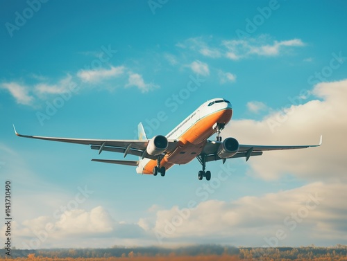 Airplane taking off from the airport. Passenger plane fly up over take-off runway from airport.