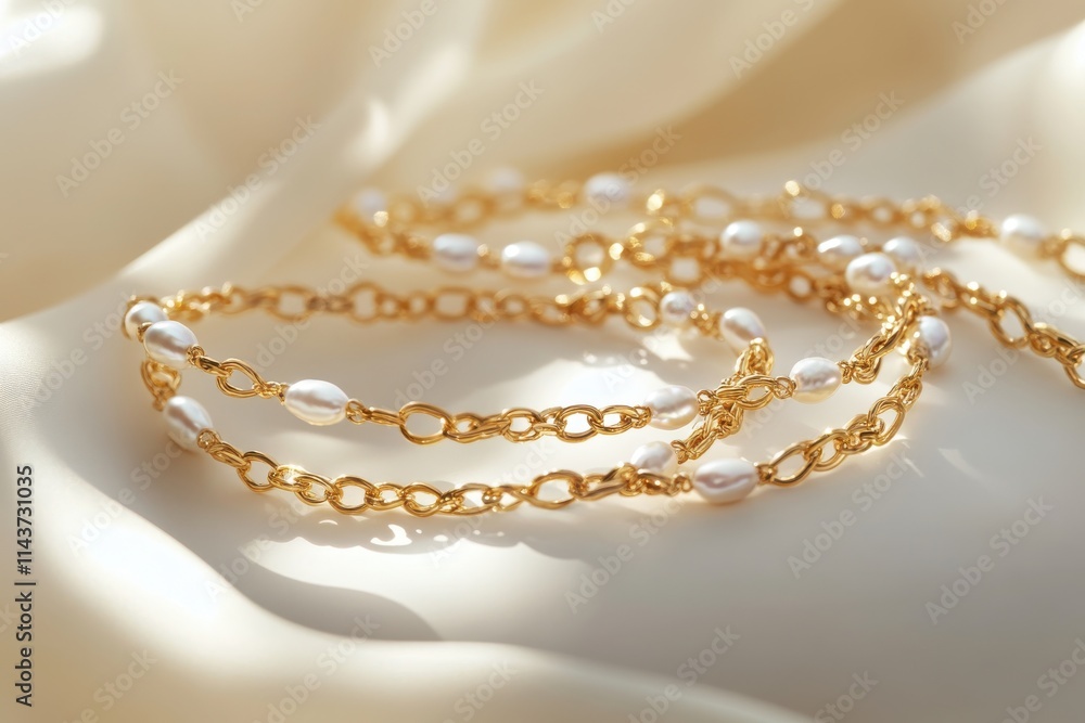Four elegant bracelets featuring gold chains and pearl accents displayed on a smooth Four elegant bracelets featuring gold chains and pearl accents displayed on a smooth