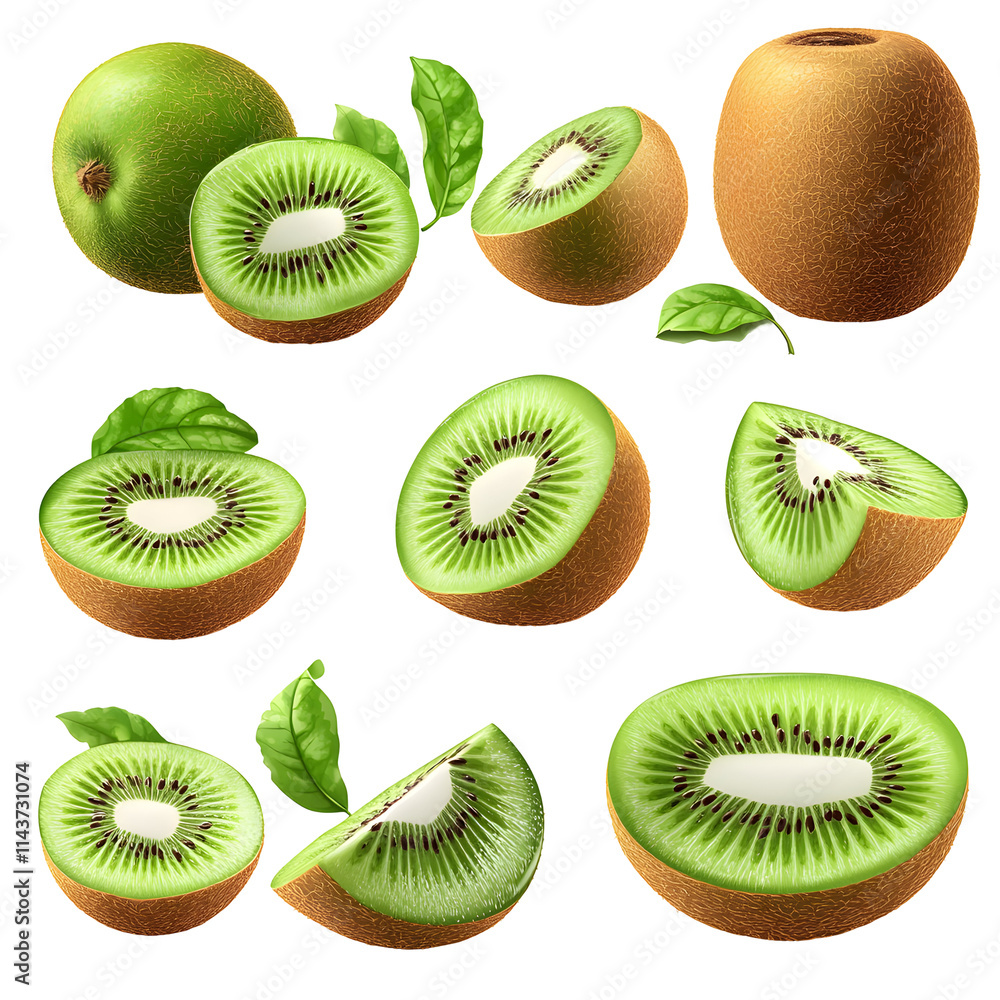 Fototapeta premium Kiwi fruit slices, halves & whole, isolated on transparent background.