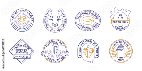 Dairy and farm product logos, labels, icons. A set of 8 dairy logotypes. Farm Milk, Cottage Cheese, Yogurt. For branding dairy farms, organic products, and natural food business. Vector illustration