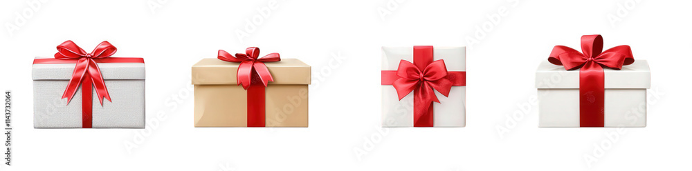 Obraz premium four gift boxes with red ribbons and bows isolated on transparent background the boxes are in various colors. one is brown. one is white. and the other two are white with a red ribbon and a bow
