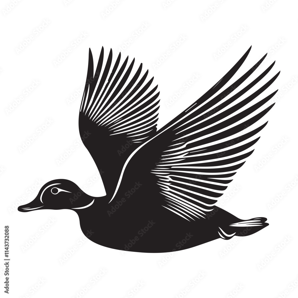Obraz premium Flying duck silhouette isolated on white background, Minimal flying duck vector silhouette