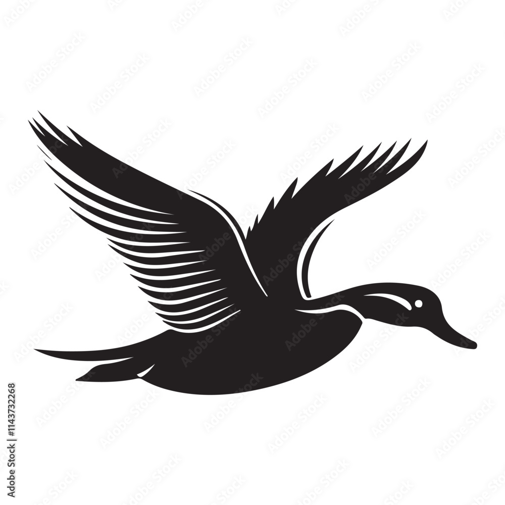 Flying duck silhouette isolated on white background, Minimal flying duck vector silhouette Flying duck silhouette isolated on white background, Minimal flying duck vector silhouette